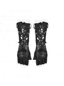 Elastic Black Knit With Hollow Out Back Hands Adjustable Cord Punk Style Gloves