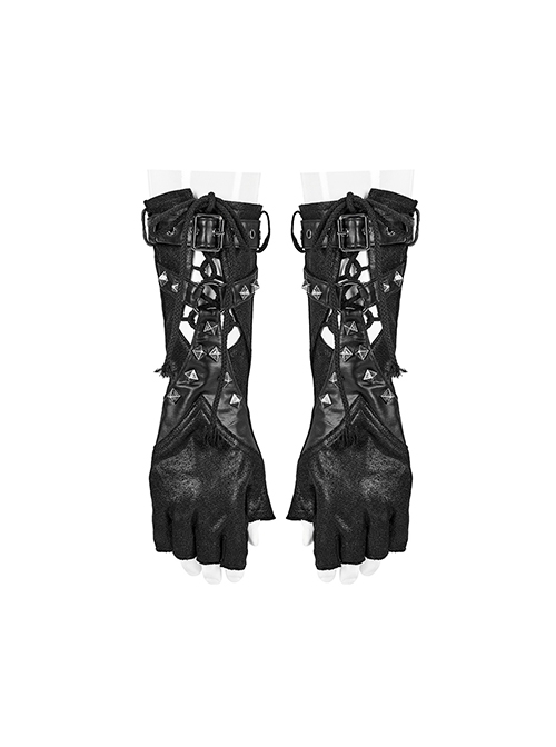 Elastic Black Knit With Hollow Out Back Hands Adjustable Cord Punk Style Gloves
