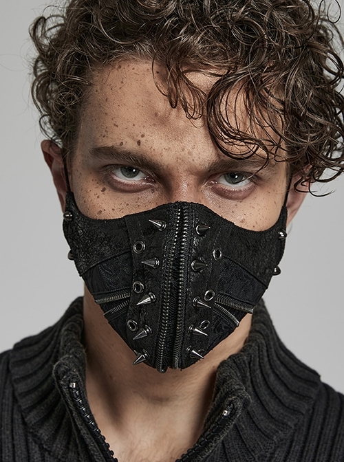 Lightweight Breathable Black Woven Panel Cracked Leather Metal Spike Punk Style Mask