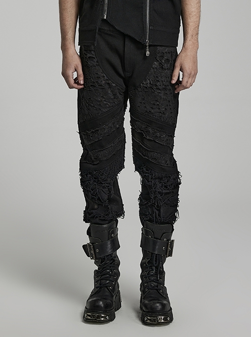 Black Twill Irregular Tattered Knit Gothic Street Decadent Trousers