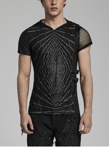 Stretch-Knit Paneled Mesh Crackled Leather Black And Gray Light Wave Printed Punk Hooded T-Shirt