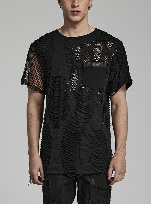 Black Stripe Mechanism Splicing Irregular Mesh Punk Style Tattered T-Shirt