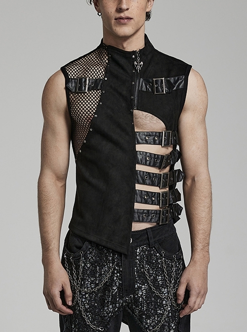 Irregular Black Hollowed-Out Suede Leather Stitching With Glued Side Loops And Adjustable Punk-Style Vest