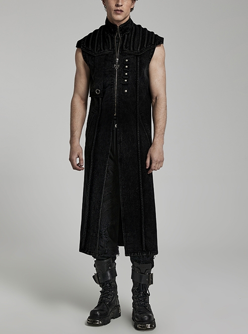 Old-Fashioned Black Twill Denim Shoulder Padded Doomsday Punk Long Vest