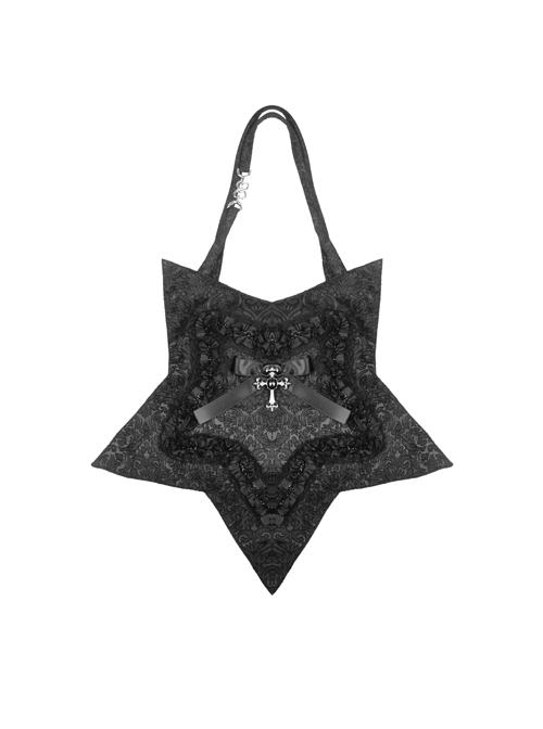 Black Five-Pointed Star Print Metal Cross Decoration Gothic Style Bag