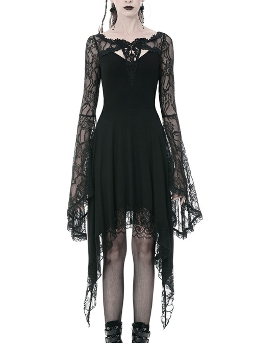 Black Chest Hollow Flower Lace Long Sleeves Side Long Hem Gothic Dress