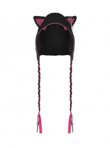 Personalized Black Woven Strap Original Plaid Cat Ears Gothic Plush Hat
