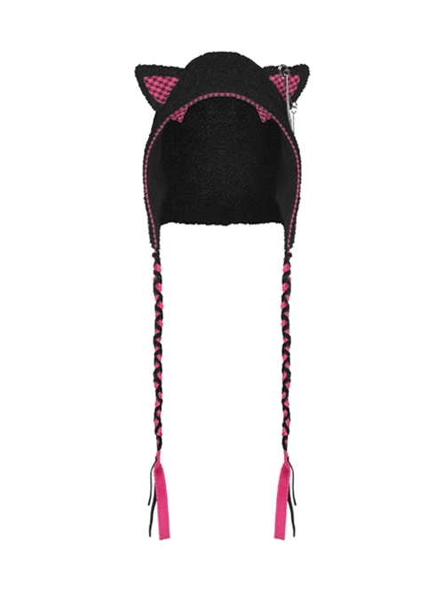 Personalized Black Woven Strap Original Plaid Cat Ears Gothic Plush Hat