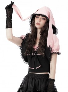 Pink Cute Rabbit Ear Girl Heart Back Heart Hollow Out Gothic Hooded Short Jacket