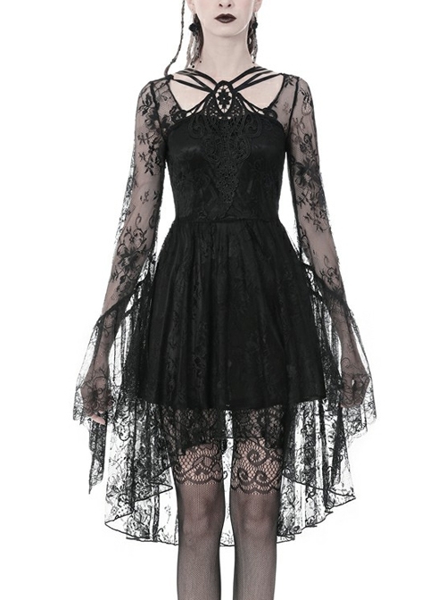 Black Lace-Up Chest Embroidery Lace Long Sleeves High Waisted Gothic Dress