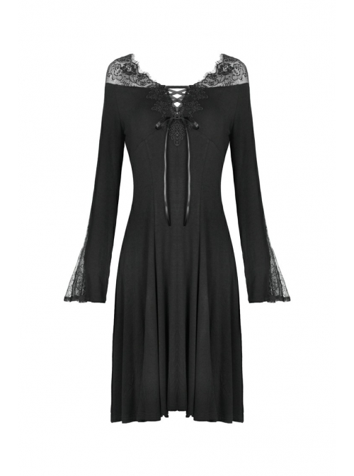 Black Lace-Up Sexy Lace Shoulder Long Sleeves Prom Gothic Dress