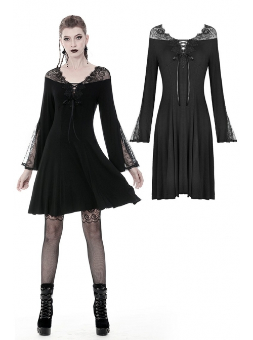 Black Lace-Up Sexy Lace Shoulder Long Sleeves Prom Gothic Dress