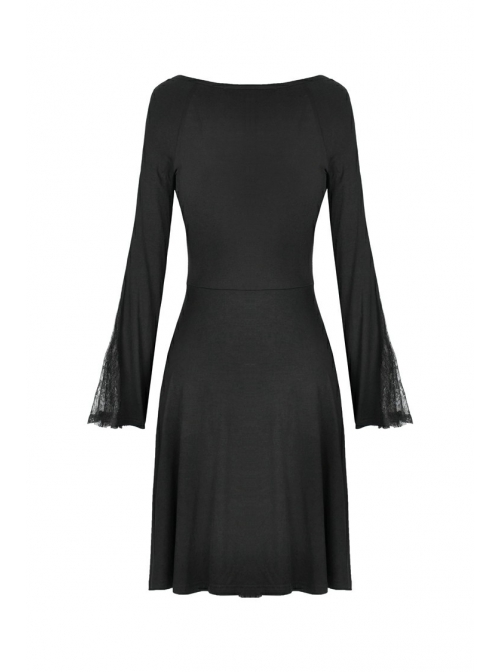 Black Lace-Up Sexy Lace Shoulder Long Sleeves Prom Gothic Dress