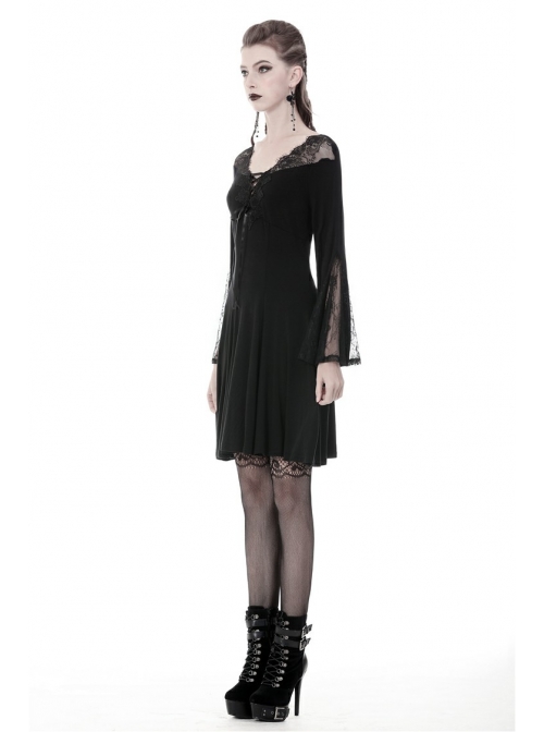 Black Lace-Up Sexy Lace Shoulder Long Sleeves Prom Gothic Dress
