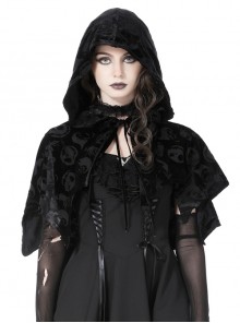 Personalized Loose Black Velvet Skull Print Gothic Hooded Cape