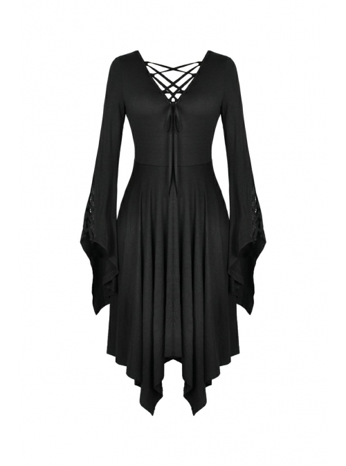 Black Chest Lace-Up Long Sleeves Tight Midi Gothic Dress