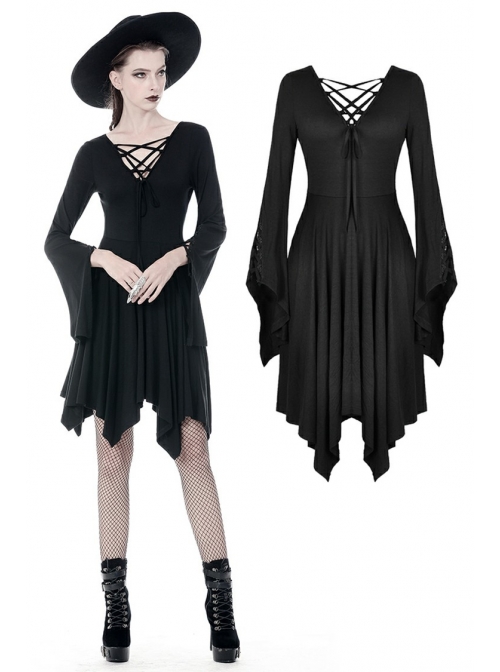 Black Chest Lace-Up Long Sleeves Tight Midi Gothic Dress
