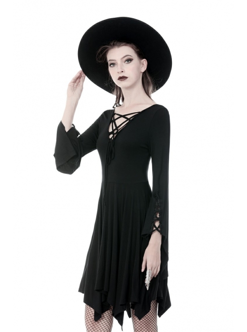 Black Chest Lace-Up Long Sleeves Tight Midi Gothic Dress