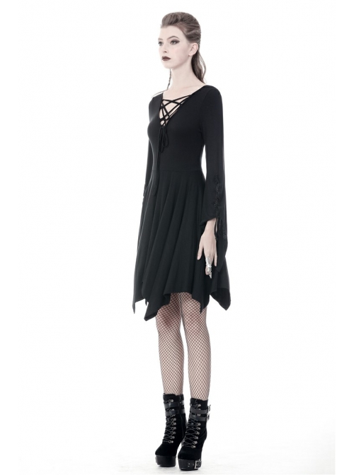 Black Chest Lace-Up Long Sleeves Tight Midi Gothic Dress