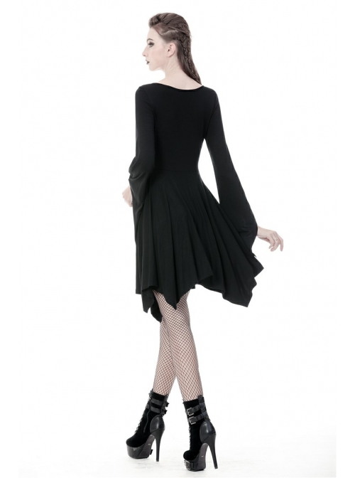 Black Chest Lace-Up Long Sleeves Tight Midi Gothic Dress