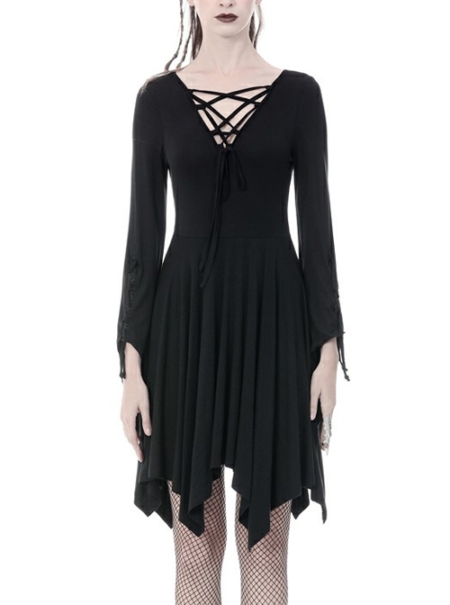 Black Chest Lace-Up Long Sleeves Tight Midi Gothic Dress