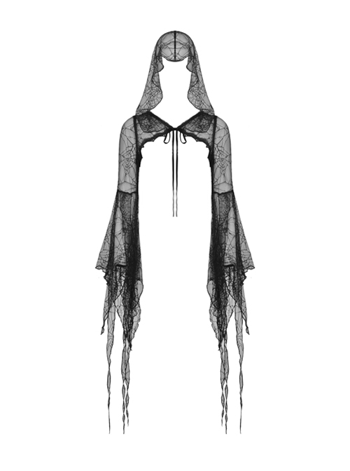 Black Sexy Hollow Exaggerated Spider Web Sleeves Gothic Hooded Shawl