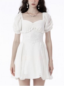 Personalized Simple White Angel Embroidery Puff Sleeve Gothic Dress
