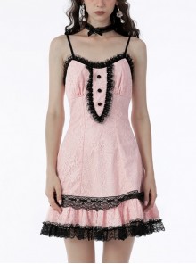 Original Personality Sexy Suspenders Pink Lace Button Decoration Gothic Dress