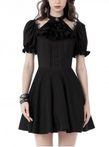 Black Personalized Sexy Slim Frill Neck Puff Sleeve Gothic Dress