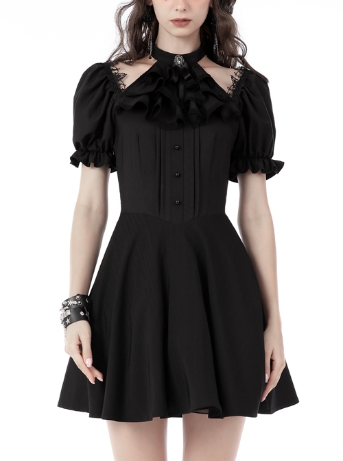 Black Personalized Sexy Slim Frill Neck Puff Sleeve Gothic Dress