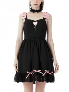 Black Slim Micro Elastic Personality Stitching Lace Love Bow Gothic Dresses