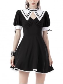 Slim Fit Personalized Cross White Collar Decorated Gothic Style Black Dress