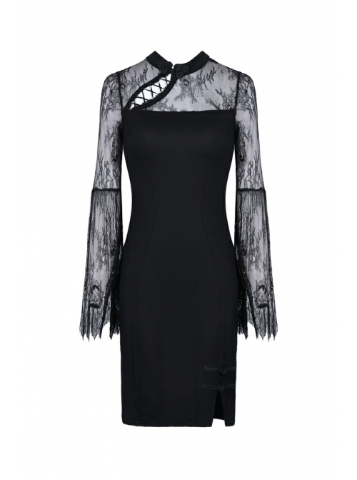 Black Chest Sexy Hollow Side Lace Slit Hem Tight Prom Gothic Dress