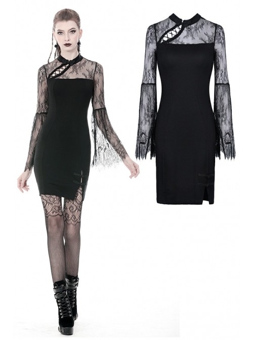 Black Chest Sexy Hollow Side Lace Slit Hem Tight Prom Gothic Dress