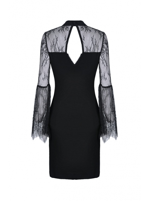 Black Chest Sexy Hollow Side Lace Slit Hem Tight Prom Gothic Dress