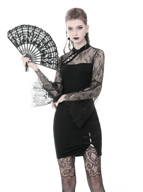 strapless open back dress High-neck Black Lace Formal Mermaid Long Evening Prom Dresses, Long Sleeves  Prom Dress, MR8879
