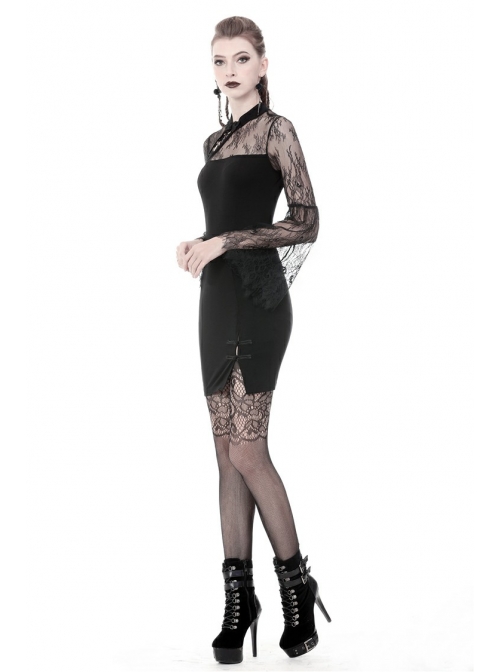 Black Chest Sexy Hollow Side Lace Slit Hem Tight Prom Gothic Dress