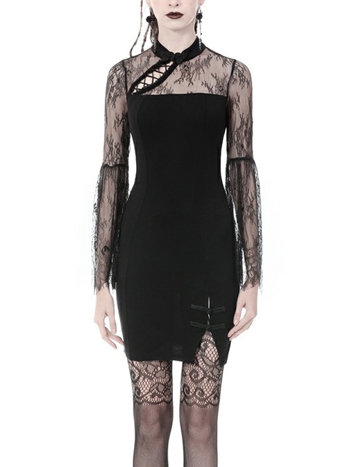 Black Chest Sexy Hollow Side Lace Slit Hem Tight Prom Gothic Dress