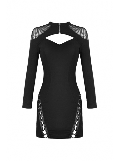 Black Chest Hollow Mesh Shoulder Slit Lace-Up Hem Tight Punk Dress