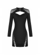 Black Chest Hollow Mesh Shoulder Slit Lace-Up Hem Tight Punk Dress