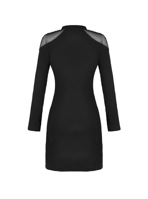 Black Chest Hollow Mesh Shoulder Slit Lace-Up Hem Tight Punk Dress