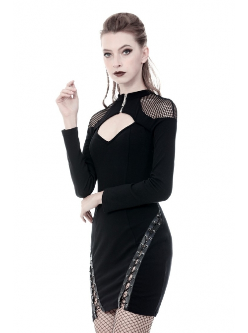 Black Chest Hollow Mesh Shoulder Slit Lace-Up Hem Tight Punk Dress