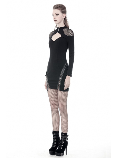 Black Chest Hollow Mesh Shoulder Slit Lace-Up Hem Tight Punk Dress