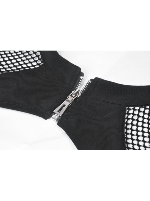 Black Chest Hollow Mesh Shoulder Slit Lace-Up Hem Tight Punk Dress