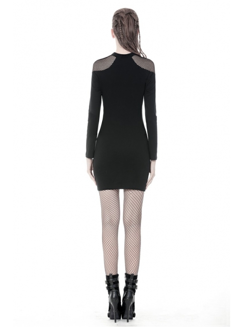 Black Chest Hollow Mesh Shoulder Slit Lace-Up Hem Tight Punk Dress