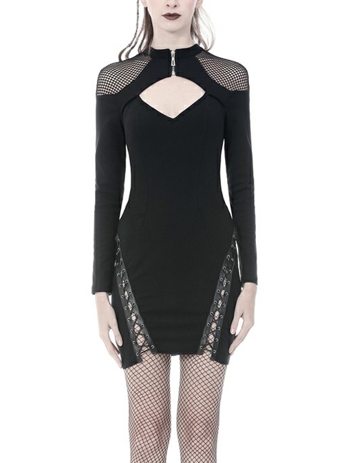 Black Chest Hollow Mesh Shoulder Slit Lace-Up Hem Tight Punk Dress