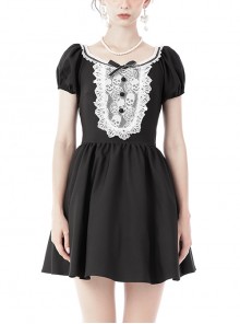 Black Personalized Lolita Front Symmetrical Skull Lace Trim Gothic Puff Sleeve Dress
