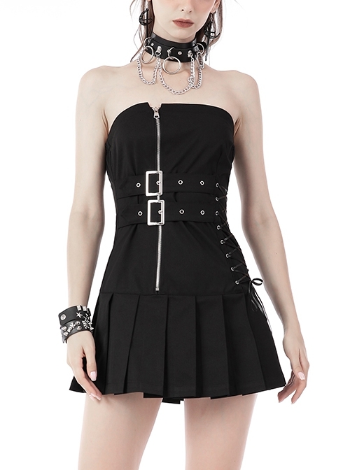 Black Non-Stretch Fitted Ruched Side Drawstring Biker Punk Mini Dress