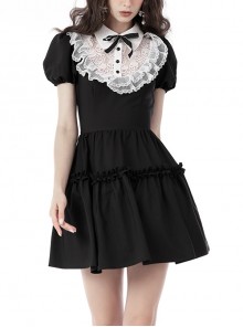 Black Sexy Ruffled Low Neck Swallowtail Panel Lace Gothic Dress
