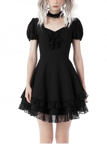 Three-Dimensional Embossed Woven-Paneled Black  Lace Gothic Mini Dress